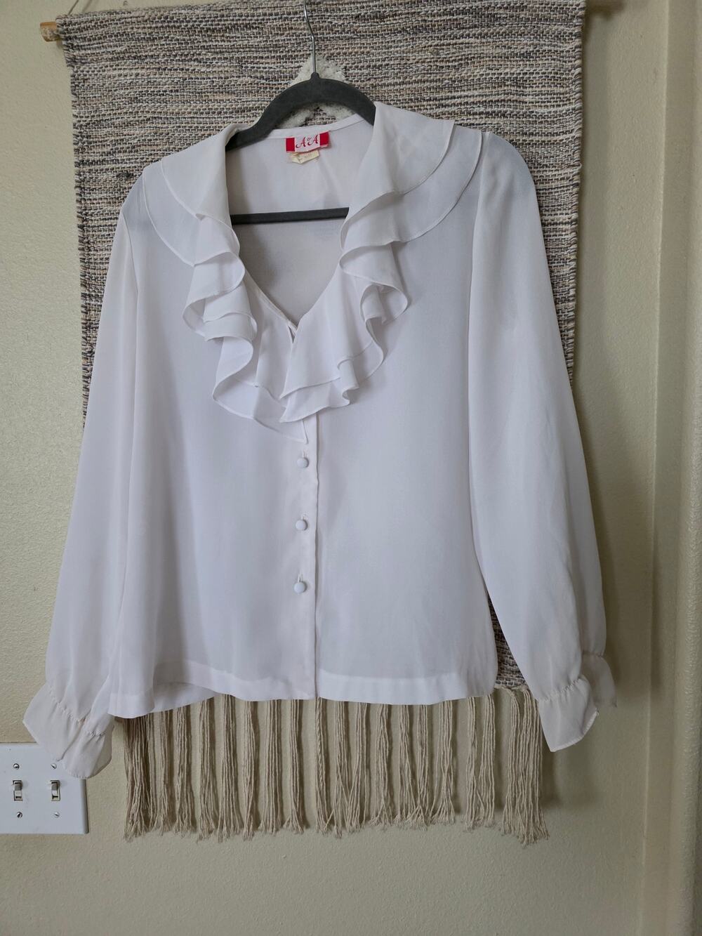 Vintage Y2K White Ruffle Blouse Women's Size 10 Sheer Button Front Secretary